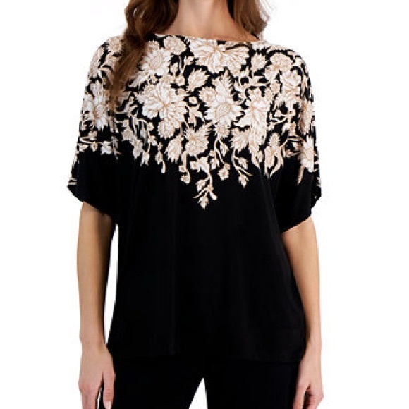 JM Collection Tops - JM Collection Black and Cream Floral Blouse